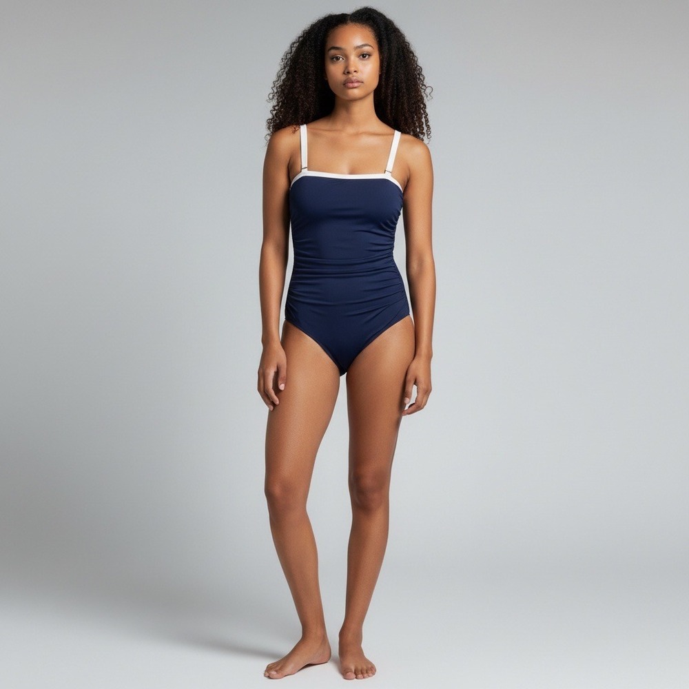 Maxine of Hollywood Navy White One Piece Swimsuit Shirred MM3C422 Womens 12 NEW